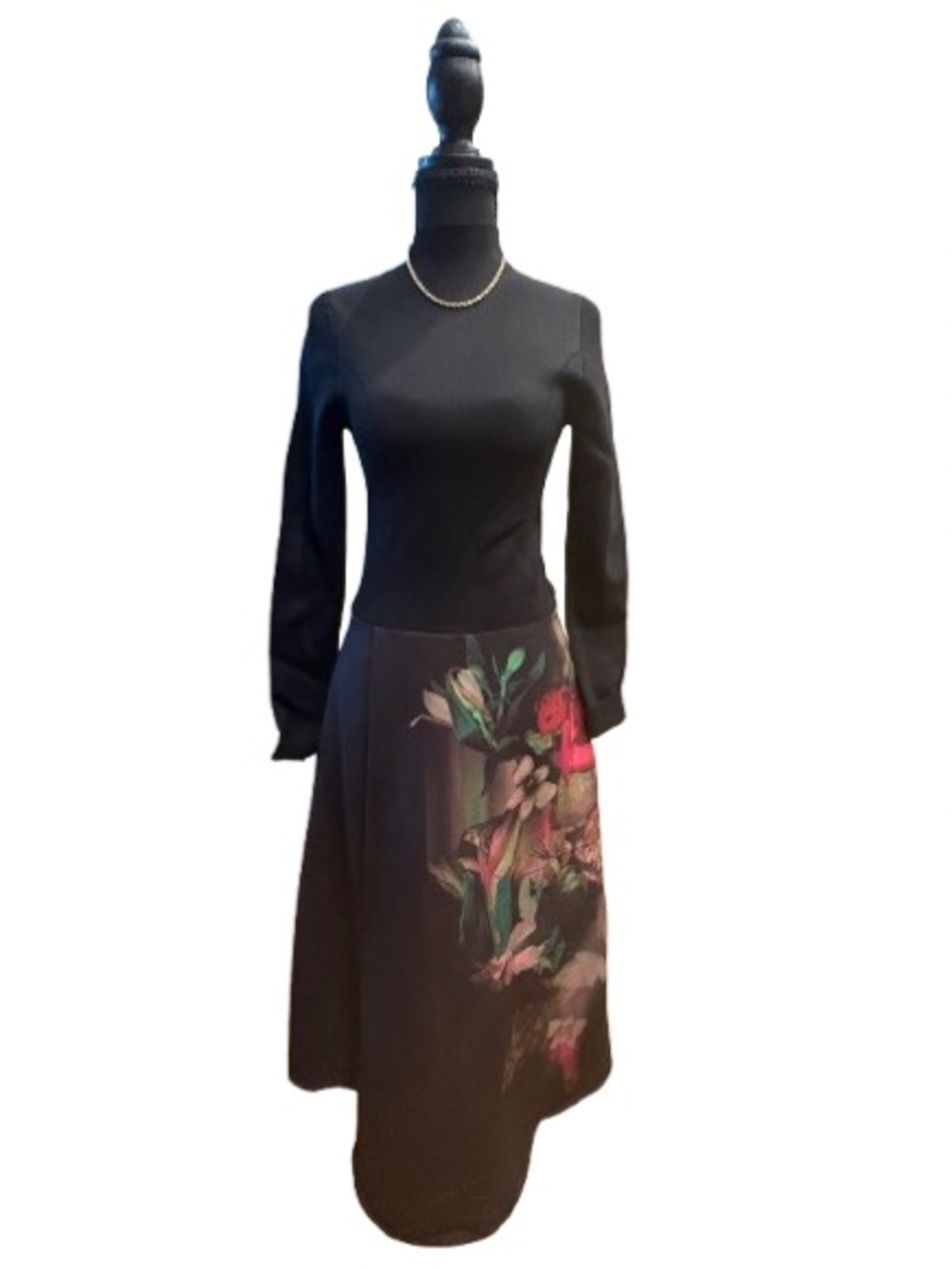 Ted Baker Black Long-Sleeve Dress with Floral Print Skirt